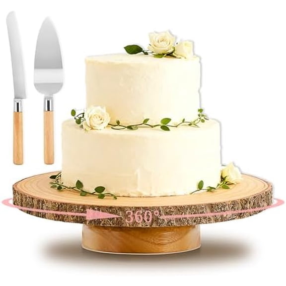 Rotating Cake Stand,12" Rustic Wood Cake Stand with Cake Cutting Set,Rustic Cake Holder for Party/Wedding/Birthday/Reception Event/Rotating Cake Display Stand$$Home Decor, Kitchen, & Other