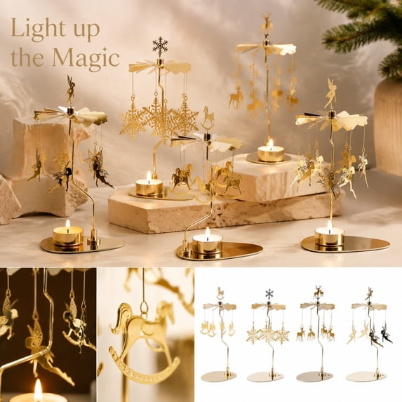 Metal Rotation Rotating Candle Carousel with Angel Windmill Design, Gold Metal, for ...