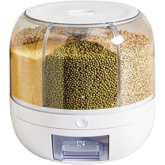 Rotating Candy Dispenser 6-Grid Grain Dispenser Kitchen Storage Container with Removable Lid Sealed Countertop Organizer for Rice Beans Nut and Snacks