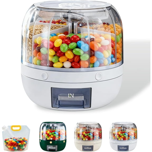 Rotating Candy Dispenser, Candy Dispenser 360° Rotating with 6 Compartments, Candy Dispenser Countertop with Transparent Drawer, Fun Press Type Nut Storage Box for Candies Rice Snacks Grains
