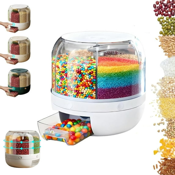 Rotating Candy Dispenser Multi Countertop,Candy Dispenser Rotating with 6 Compartments,Multi Candy Dispenser ,Multi-grid Large Capacity Grain Storage Container,for Rice,Grains,Mini Candies(White,S)