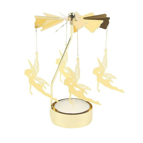 Rotating Carousel Candle Holder Gold Spinning Tea Light Stand Decorative Metal Candlestick for Home Wedding Table Centerpiece Fairy Pattern 5x4 Inch
