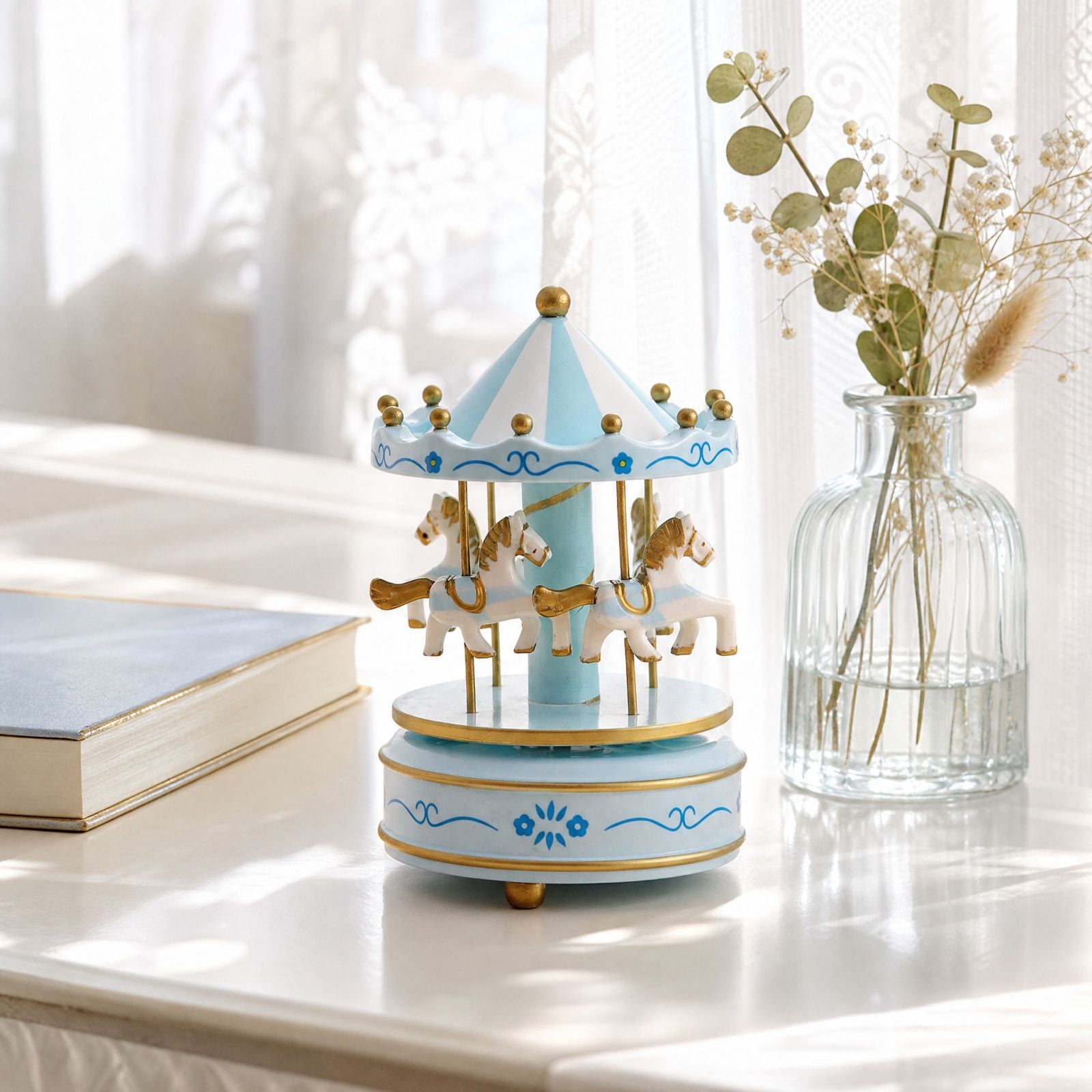 Rotating Carousel Music Box | with Golden Accents and Floral Patterns ...