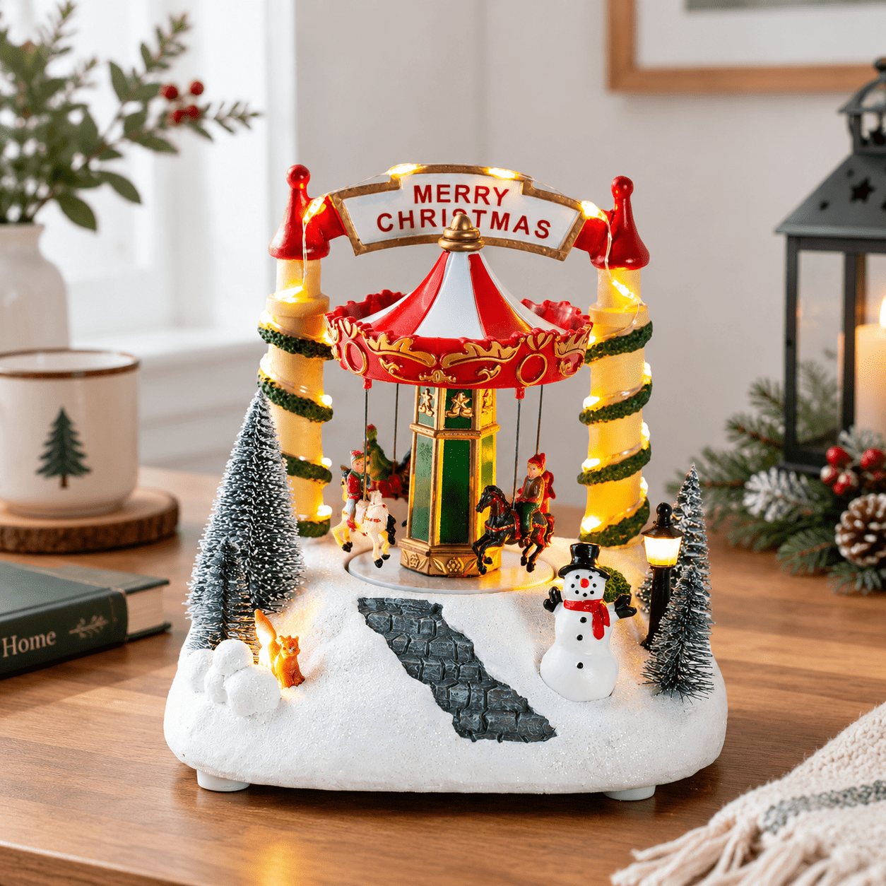 Rotating Carousel Display Rotating Carousel Tabletop Holiday Decoration with Warm LED Lights ...