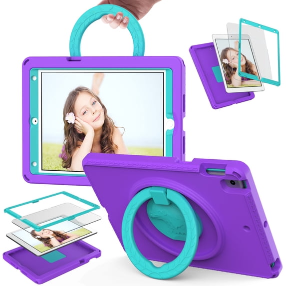Rotating Case for iPad 7th/8th/9th Generation 10.2 Inch, Shockproof Rugged Cover with Stand & Screen Protector & Shoulder Strap