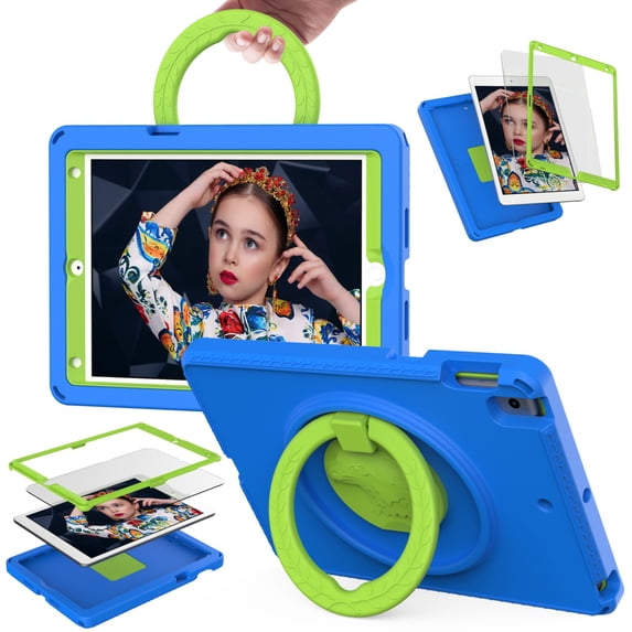 Rotating Case for iPad 7th/8th/9th Generation 10.2 Inch, Shockproof Rugged Cover with Stand & Screen Protector & Shoulder Strap