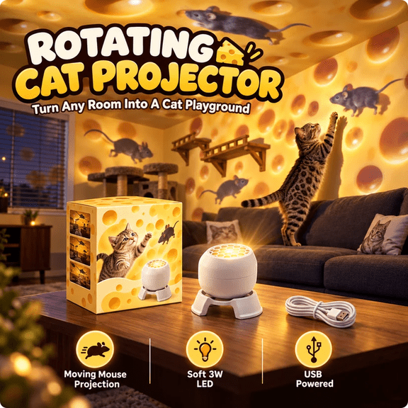 Rotating Cat Projector, 360 Adjustable Moving Mouse LED Toy for Indoor Cats, Interactive Light Projection Play Toy for Cat Exercise, Entertainment and Activity