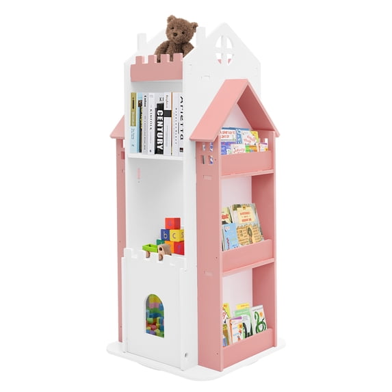Rotating Children's Bookshelf, Castle-Shaped, 360 Rotating, 10-Shelf Bookcase, Corner Book Storage Organizer for CDs ,Movies,Books
