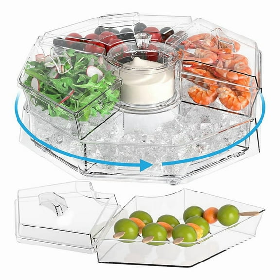 Rotating Chilled Serving Tray,Ice Chilled Partys Platter with 5 Removable Compartment and Lid,Cocktail Serving Dish