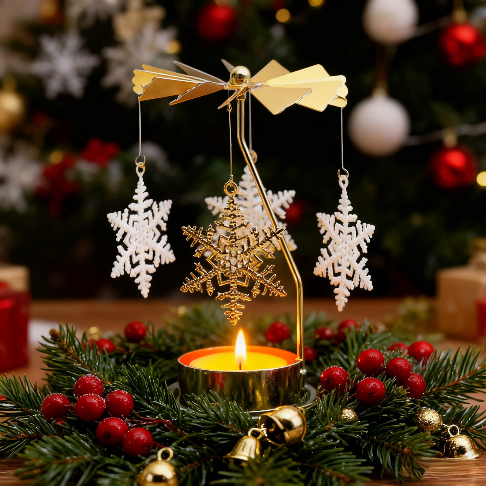 Rotating Christmas Candlestick Golden, Heat Powered Christmas Tree