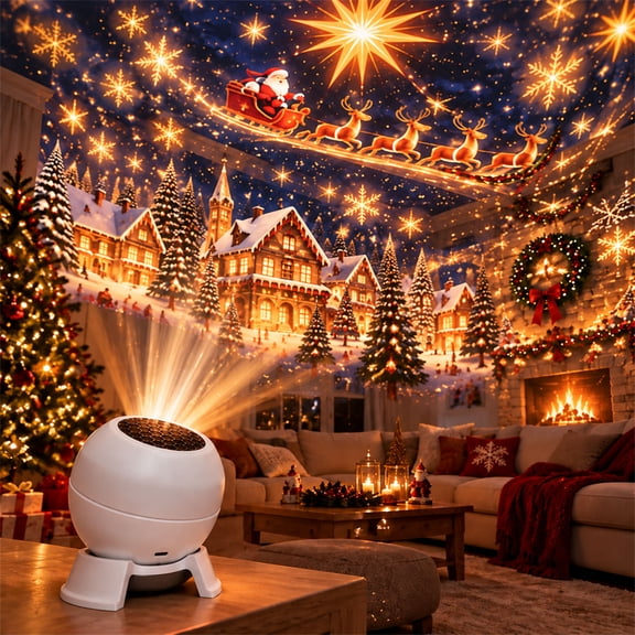Rotating Christmas Projector Light, Plug-In Holiday Projection Lamp with Santa Sleigh, Reindeer, Snowflake and Starry Patterns for Bedroom, Wall, Ceiling and Party Decor