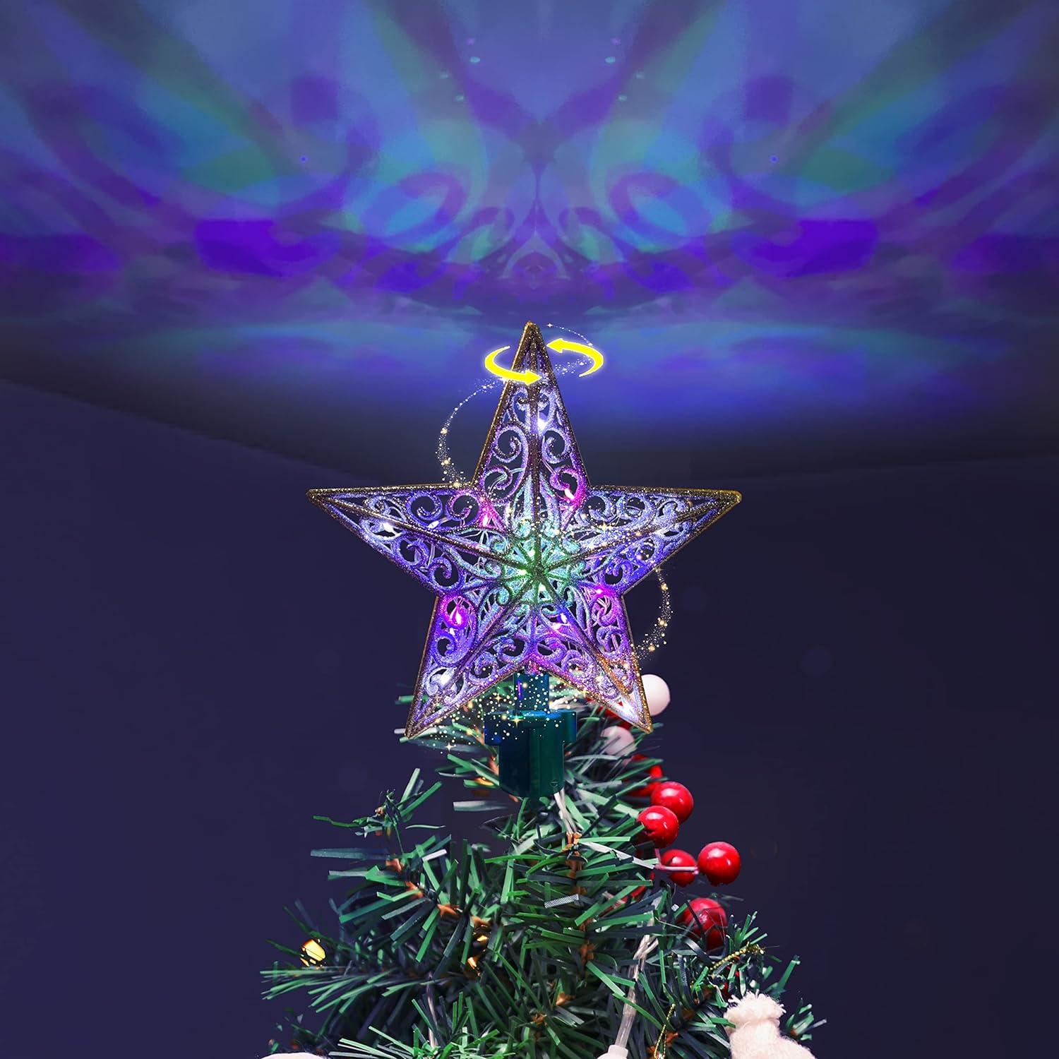 Rotating Christmas Tree Topper Star with 20 LED Multicolor Lights Star
