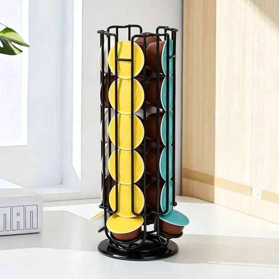 Rotating Coffee Pod Holder for Dolce Gusto Capsules,360? Spinning Coffee Capsule Carousel,48 Pod Capacity Metal Wire Storage Rack,Countertop Coffee Organizer Stand for Kitchen & Office (Black)