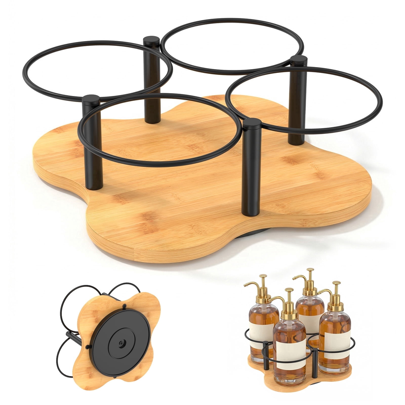 Rotating Coffee Syrup Organizer Wood and Metal 16.9oz Syrup Bottle Holder for Countertop Coffee Bar Accessories with 4 Separate Slots