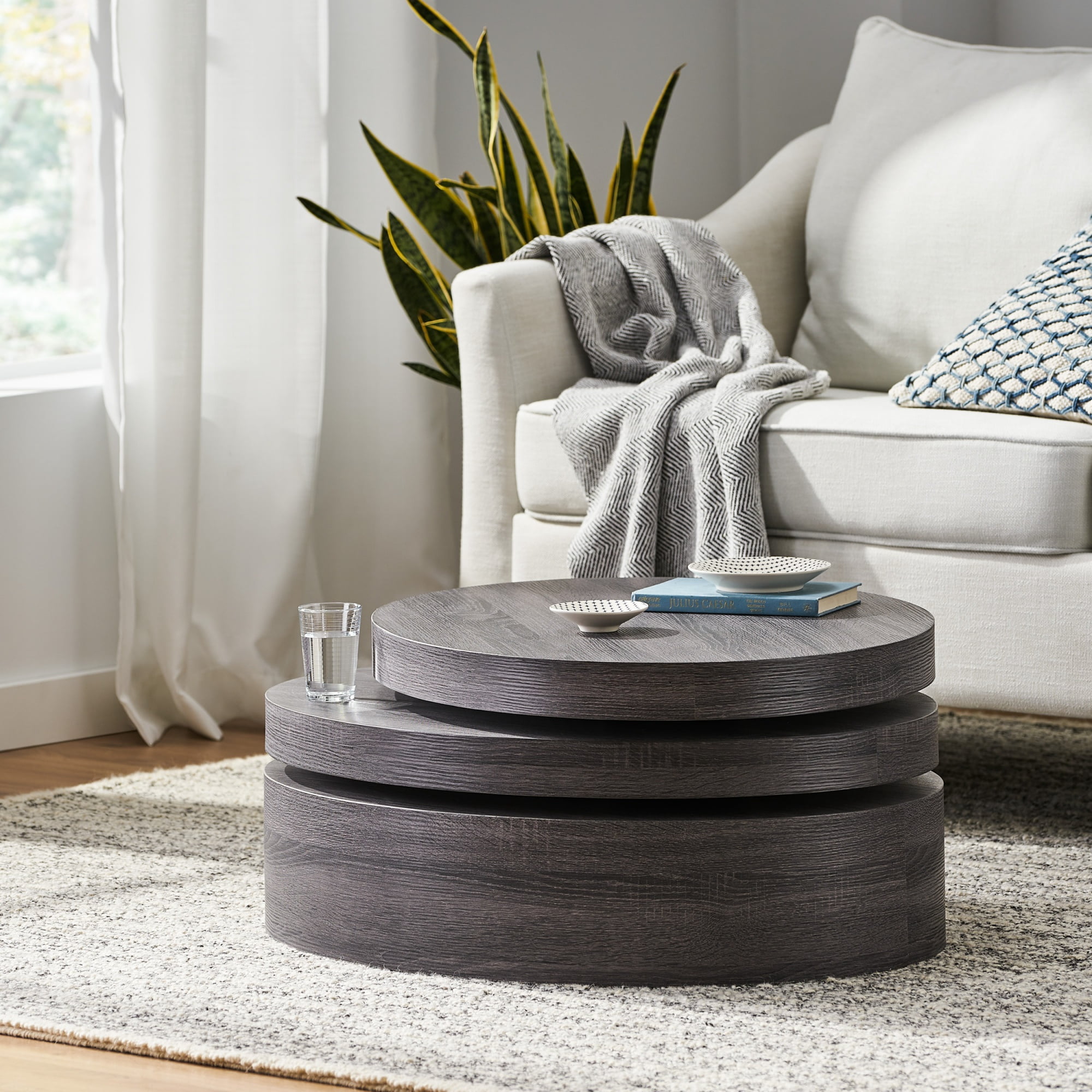 Rotating Coffee Table 31.5 Inch, Modern Oval Side Table with 3-Tier Swivel Top, Multi-Functional Accent Table for Living Room, Black