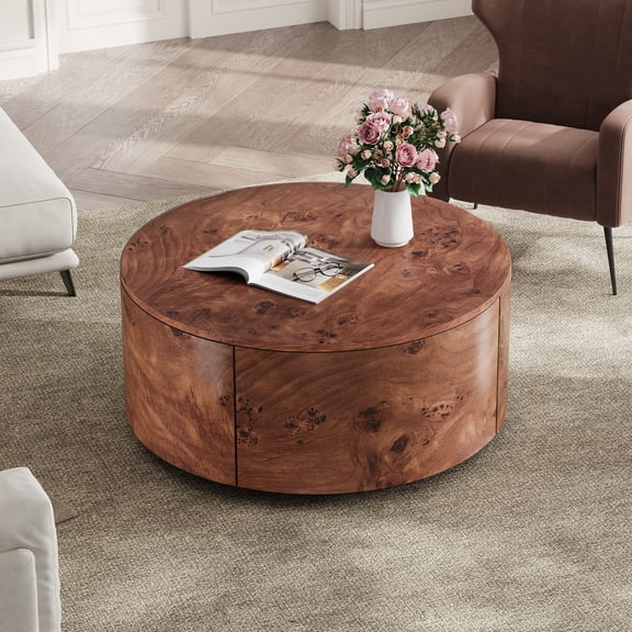Rotating Coffee Table, Burl Wood Coffee Table with 360 Swivel Top and 2 Hidden Drawers, Modern Round Living Room Table with Storage, Walnut