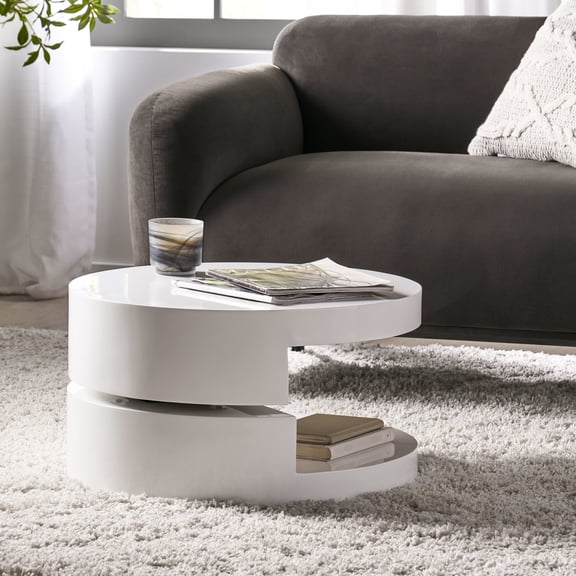 Rotating Coffee Table With Hidden Storage Place, Small , Modern White Gloss, 23.62x23.62x12.99 In Rotatable Compartment, High Gloss White,