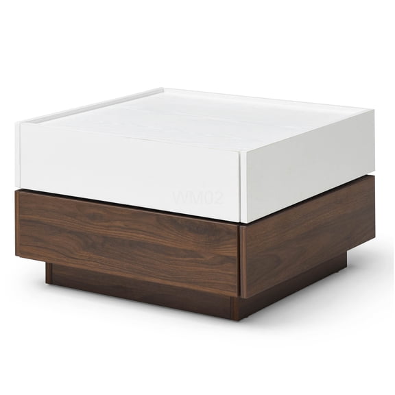 Rotating Coffee Table with 2 Drawers, Swivel Top Storage End Table for Living Room, White and Walnut