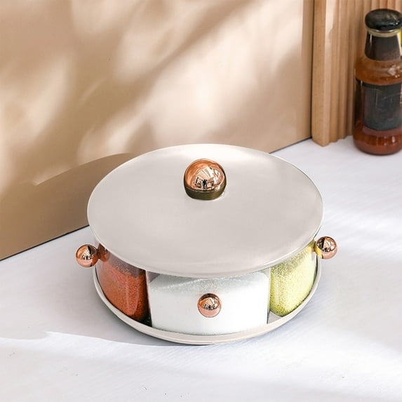 Rotating Combination Seasoning Box, 5 Compartments Storage Container, Plastic Material, Built-in Spoons, Transparent Visual Design, Stable Base, Kitchen Spice Organizer, Easy to Use
