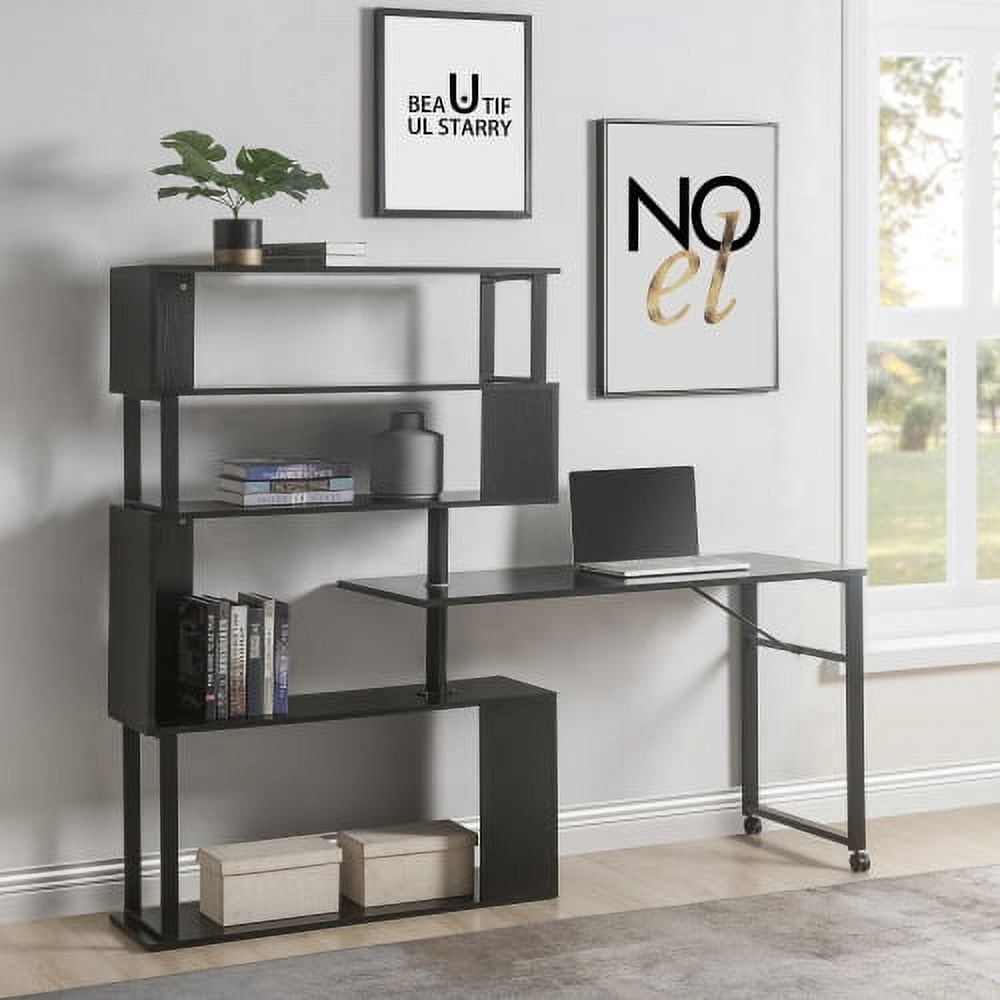 Rotating Computer Desk with 5 Shelves Bookshelf, Modern LShaped Corner