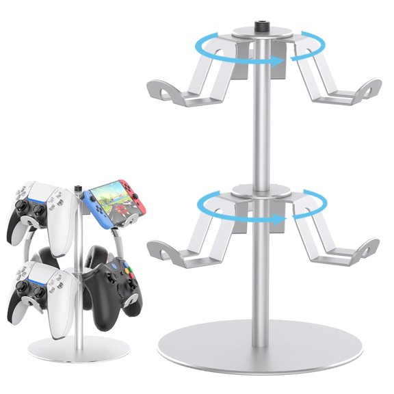 Rotating Controller Stand Compatible with Xbox PS5 PS4 Nintendo Switch Pro, 2 Tier Aluminum Headset Holder, Gaming Headphone and Holder Organizer Rack, Universal & Stable (Silver)