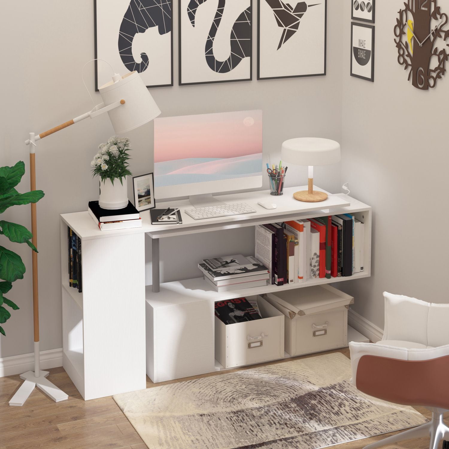 Small Gear Racks Rotating Corner Computer Desk, L-Shaped Home Office Workstation with 3 ...