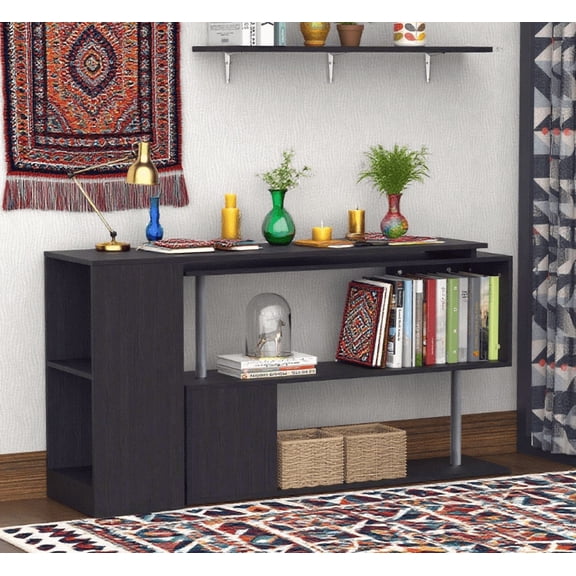 Rotating Corner Computer Desk Modern L-Shaped Home Office Workstation with 3-Tier Storage Shelves, Bookshelf, Black