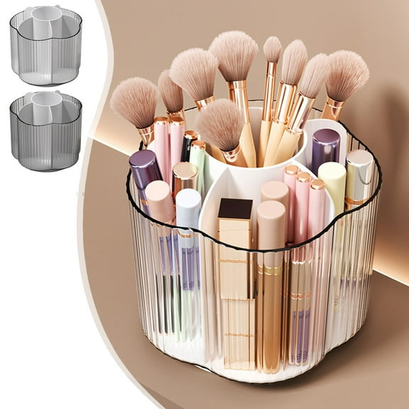 Rotating Cosmetics Storage Bin | Black Plastic Makeup Organizer with Multiple Compartments and Covers | Transparent Brush, Lipstick, Pen Holder | 14x13x13 cm | Durable Stationery and Beauty Case