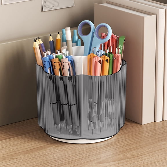 Rotating Cosmetics Storage Bin with Compartments and Covers - Makeup Brush Lipstick Pen Rack Organizer for Vanity Desk - 360 Degree Spinning Stationery Box for Office, Home, or Travel