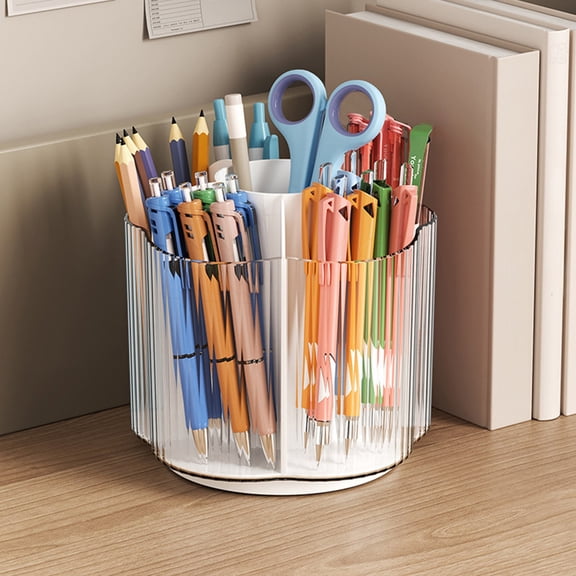 Rotating Cosmetics Storage Bin with Compartments and Covers | Makeup Brush Organizer Lipstick Pen Rack | Desk Stationery Storage Box | 360 Degree Spinning Plastic Container for Vanity Home Office