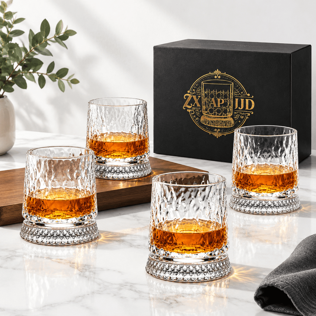 Rotating Crystal Glass Set of 4, Bark Pattern, Luxury Spinning Rocks ...