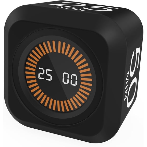 Rotating Cube Pomodoro Timer 5, 25, 10, 50 Min Preset + Custom Countdown, Desk Productivity Flip Visual w/Silicone Case, Silent Mode, Ideal for ADHD Tool Study Work School (Black)