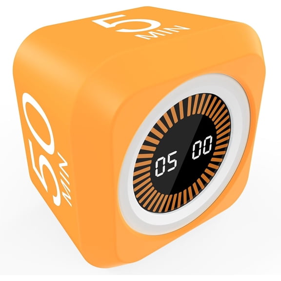 Rotating Cube Pomodoro Visual Timer 5, 25, 10 50 Minutes Preset, Rechargeable Desk Productivity Flip Custom Countdown Timer w/ Cover, Silent Mode for Study, Work, School(Orange)