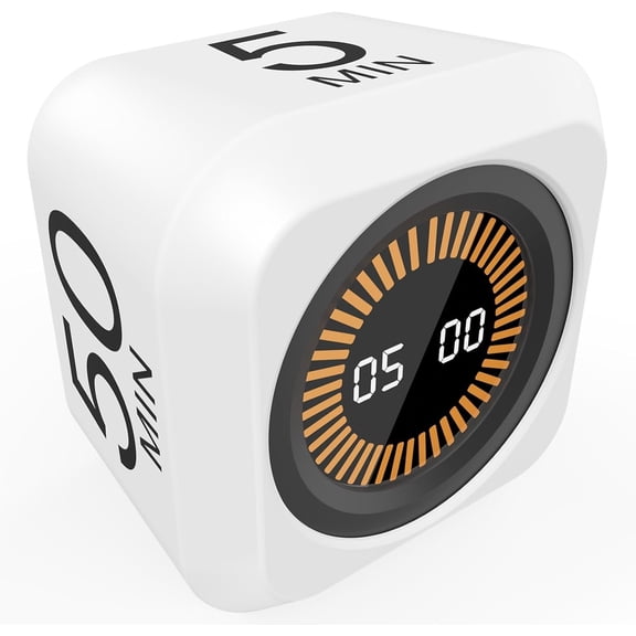 Rotating Cube Visual Pomodoro Timer 5, 25, 10 50 Minutes Preset + Custom Countdown, Rechargeable Desk Productivity Flip Timer with Detachable Cover for Study Work Kitchen School (White)