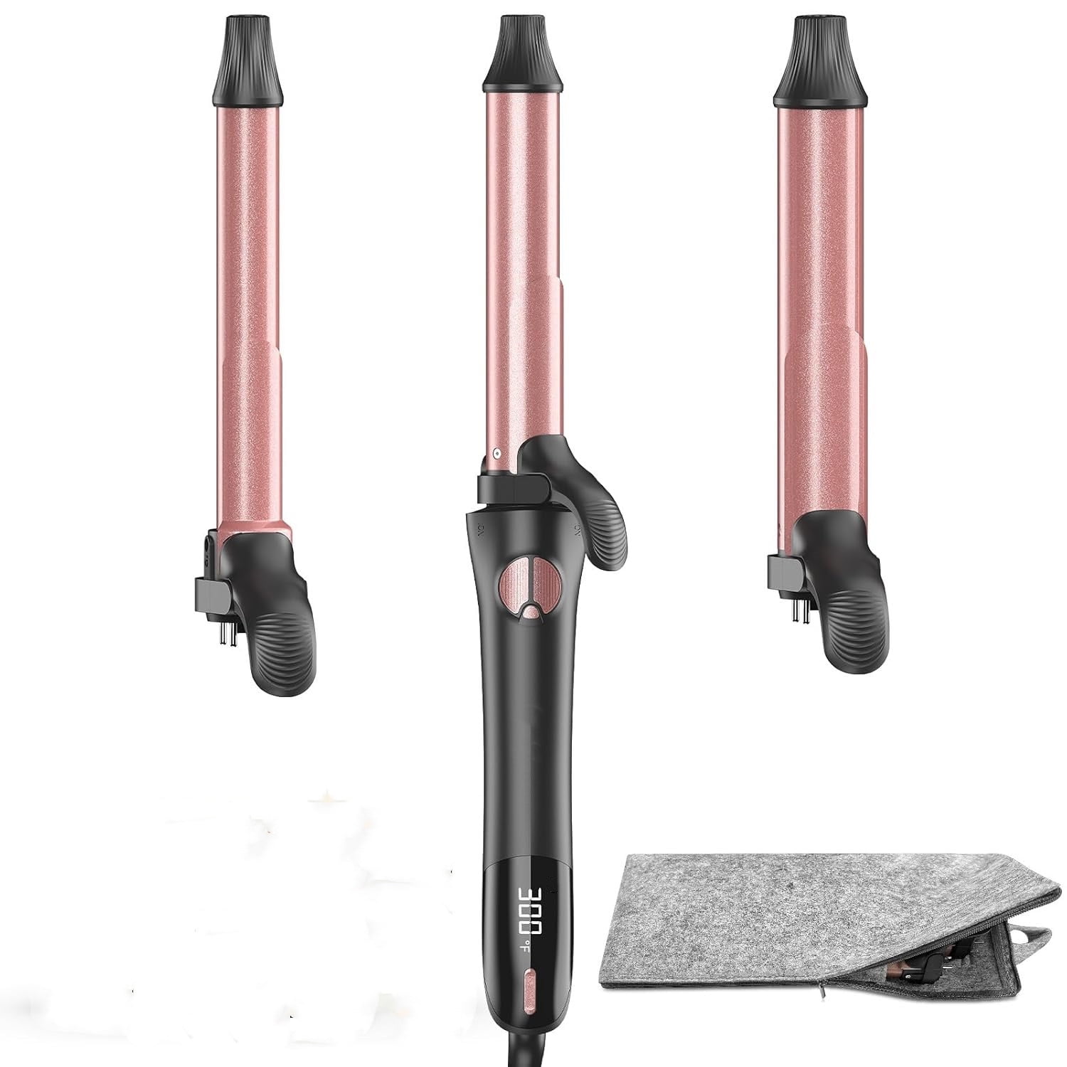Rotating Curling Iron - 3 in1 Automatic Curling Iron with Interchangeable CurlingWand, 3/4, 1 1/4, 1 Inch CurlingIron for Lasting Beach Waves, Adjustable Temp, Instant Heat, Dual Voltage (Rose Gold)