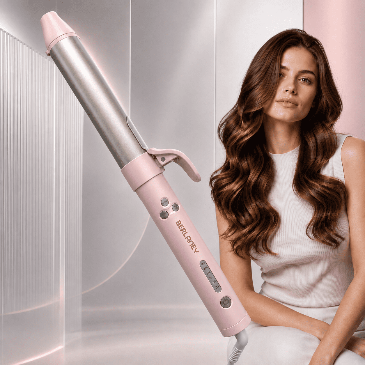 Berlaney 1.25-Inch Automatic Rotating Curling Iron, Long Barrel Hair Curler, Ionic, Dual Voltage, Pink