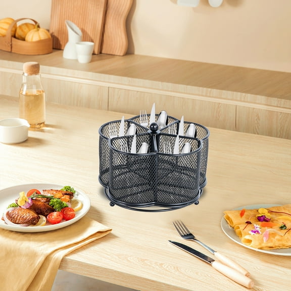 Rotating Cutlery Organizer Rack with 5 Compartments, Metal 360 Degree Utensil Caddy for Kitchen Counter, Dining Table or Restaurant