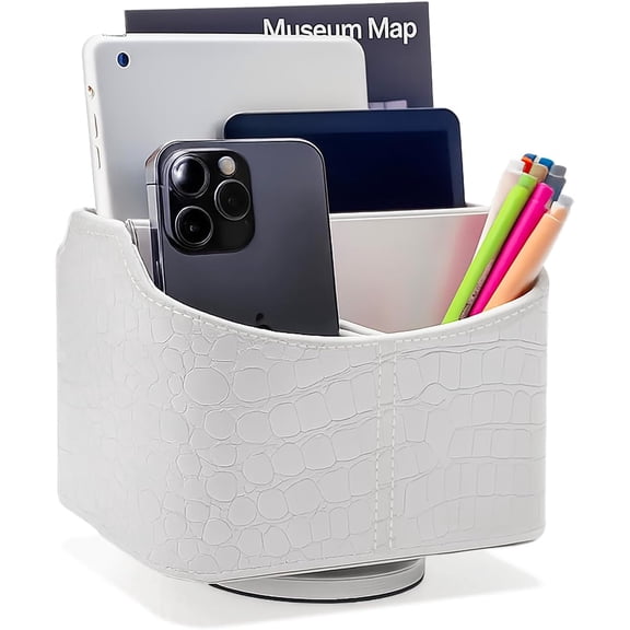 Rotating Desk Organizer, 360 Desk Spinning Caddy, Desktop TV Guide/Mail/Media/Remote Controller Holder Organizer, Crocodile White