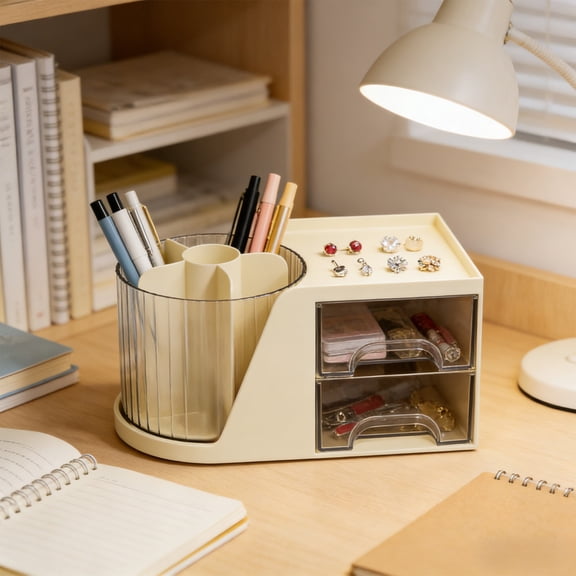 Rotating Desktop Organizer Multi Compartment Storage Box for Makeup Brushes Pens Cosmetics Home Office Desk Accessories, Space-Saving Design Ideal for Vanity Table or Study Desk