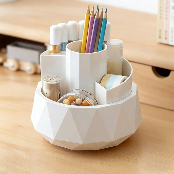 Rotating Desktop Pen Holder Organizer | 360° Partitioned Plastic Storage Box Large Capacity | Multiple Compartments | Modern White, Pink, Yellow, Blue | Office Supplies, Stationery, Makeup Brush