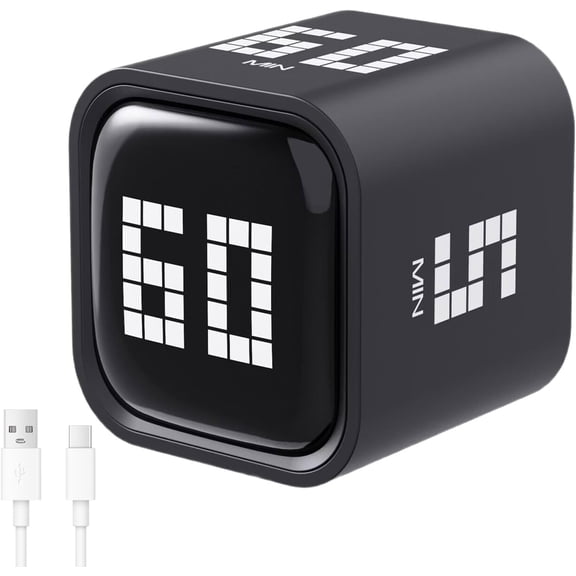 Rotating Digital Cube Timer with Gravity Sensor, 5/10/30/60 Min Preset & Custom Up to 99 Min, USB-C Rechargeable Stopwatch, Vibration Volume Mute Alert for Pomodoro Focus Study Kitchen (Black)