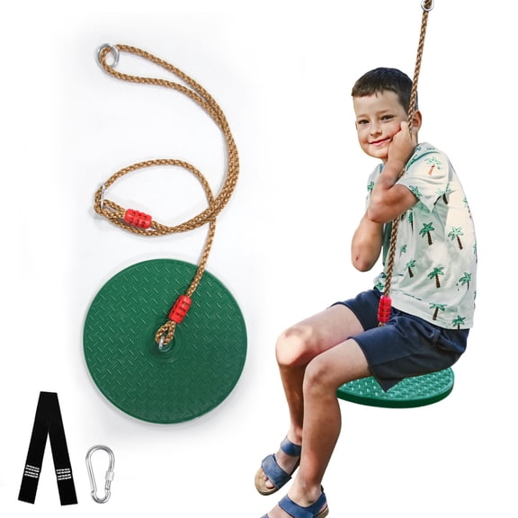 Rotating Disc Swing for Kids - 360 Swivel Seat, No Assembly, Portable Rope Swing - Indoor/Outdoor for Trees, 330lbs Capacity, Ages 3+ (Dark Green)