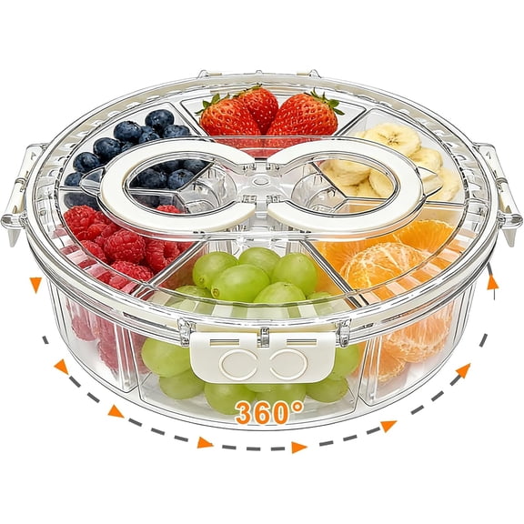 Rotating Divided Serving Tray with Lid & Handle, 6 Compartment Snack Box Container,Portable Snack Organizer for Fruits, Candy, Veggies Ideal for Kitchen, Party, Travel, Picnic (1 Pack)