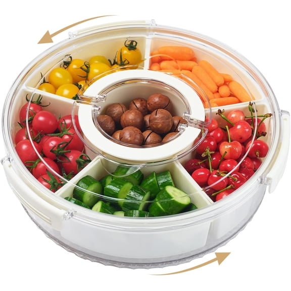 Rotating Divided Serving Tray with Lid and Handle,6 Compartments Snackle Box Container,12" Large Snack Spinner Lazy Susan,Fruit Veggie Tray Portable Round Snack Box Candy Fridge Organizer Platterbox