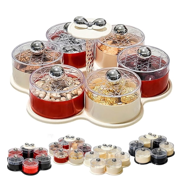 Rotating Divided Serving Tray with Lid, Portable Snack Organizer with 6 Compartment for Kitchen, Party, Picnic, Stackable Snackle Box Container for Fruits, Candy.
