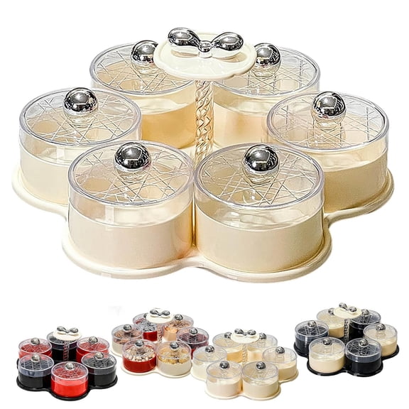 Rotating Divided Serving Tray with Lid, Portable Snack Organizer with 6 Compartment for Kitchen, Party, Picnic, Stackable Snackle Box Container for Fruits, Candy.