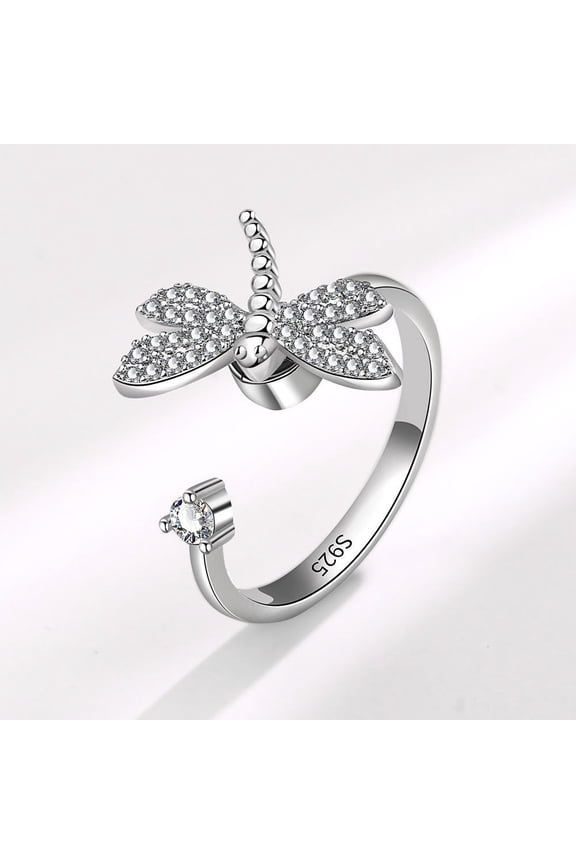 Rotating Dragonfly Zircon Ring White Gold Finish Adjustable