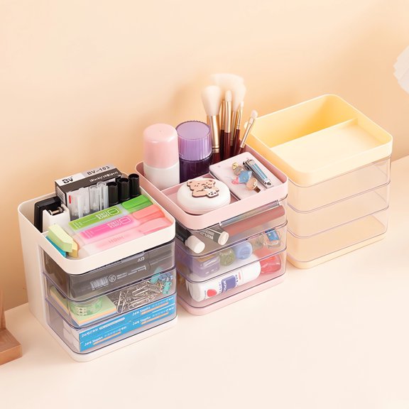 Rotating Drawer Makeup Organizer With Pen Holder Transparent Plastic Desk Storage Box For Office And Home