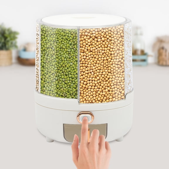 Rotating Dry Food Dispenser, 9.92LBS Grain Storage Container with 6 Compartments Holder for Rice and Beans (White)