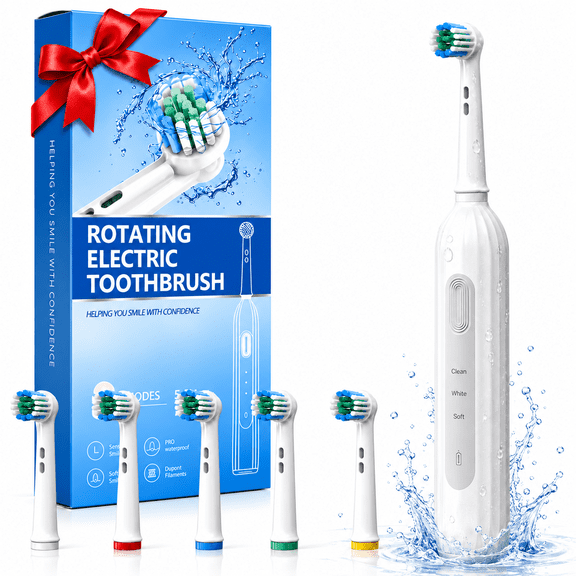 Taylarm Rotating Electric Toothbrush for Adults, Rechargeable Sonic Toothbrush for Deep Cleaning with 3 Modes & 2 Min Smart Timer , 6 Brush Heads (White)